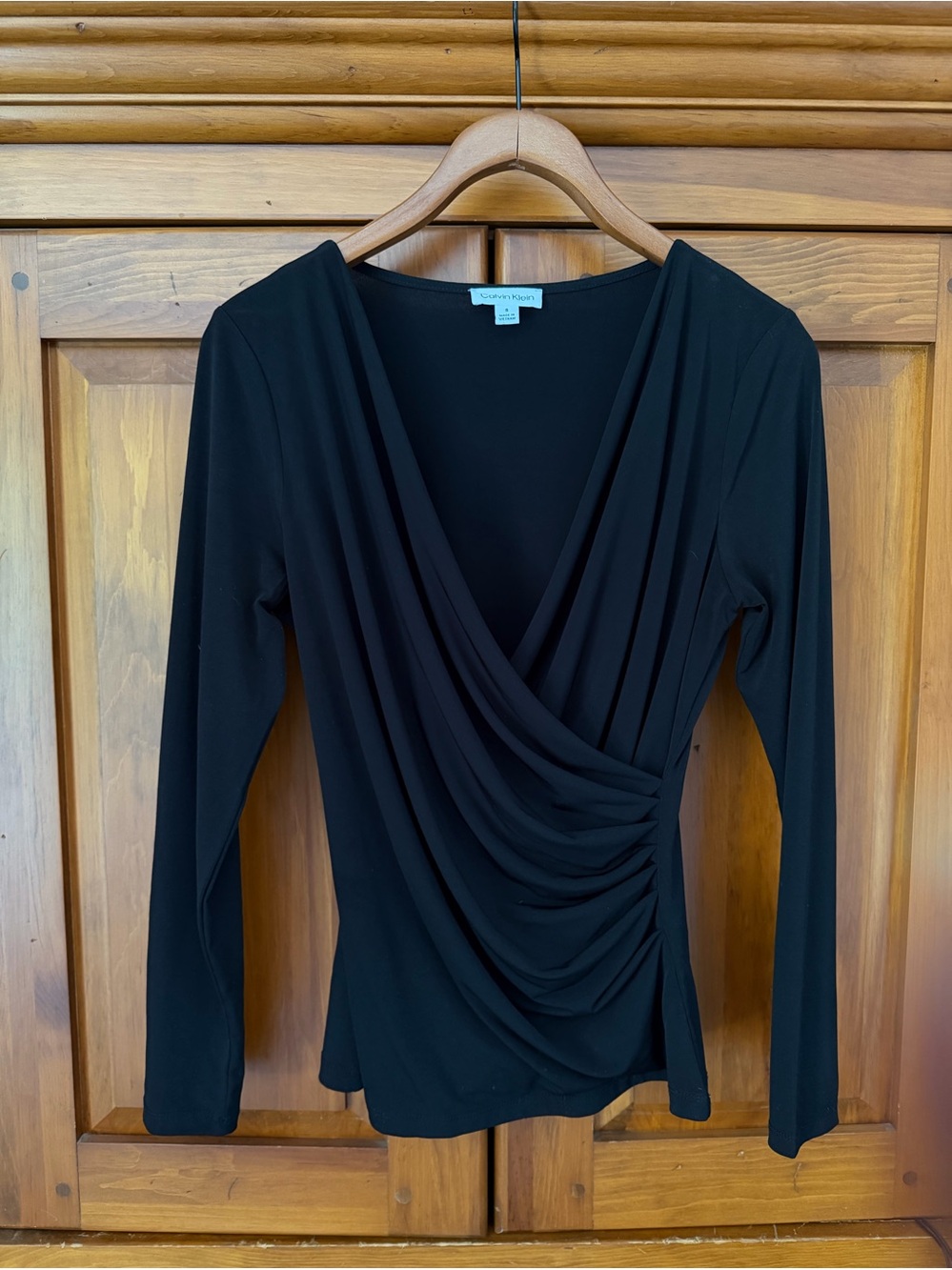 Calvin Klein Black Draped Faux-Wrap Long Sleeve Top
